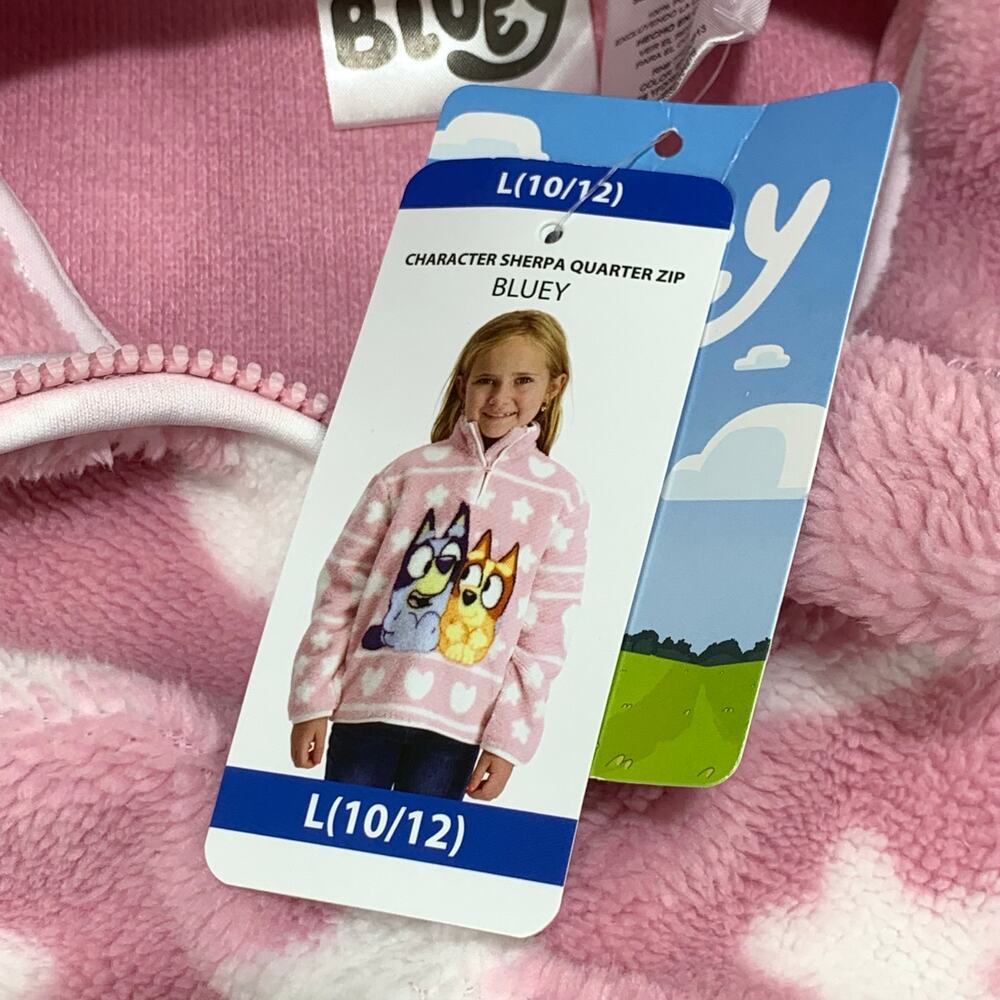Bluey Sherpa Quarter Zip Sweater Girls Large 10/12 Pink Hearts Bingo Cozy Soft - Picture 5 of 9